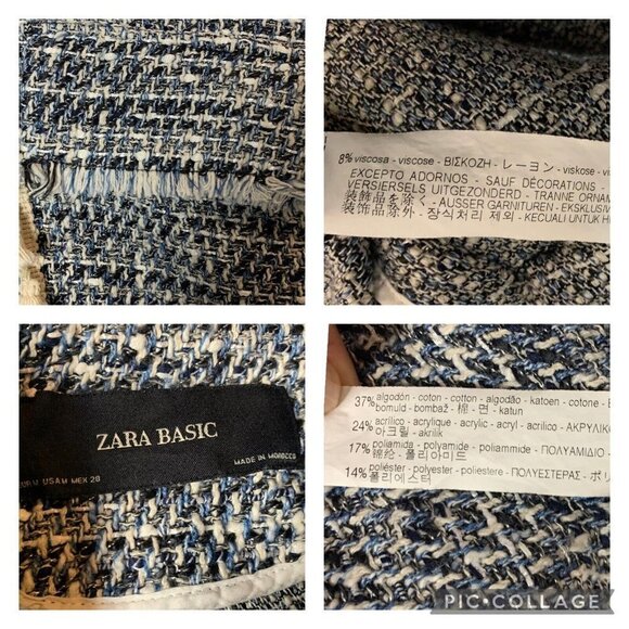 ZARA Oversize Tweed Blue and White Fringe Tassels Blazer Jacket - Picture 11 of 11